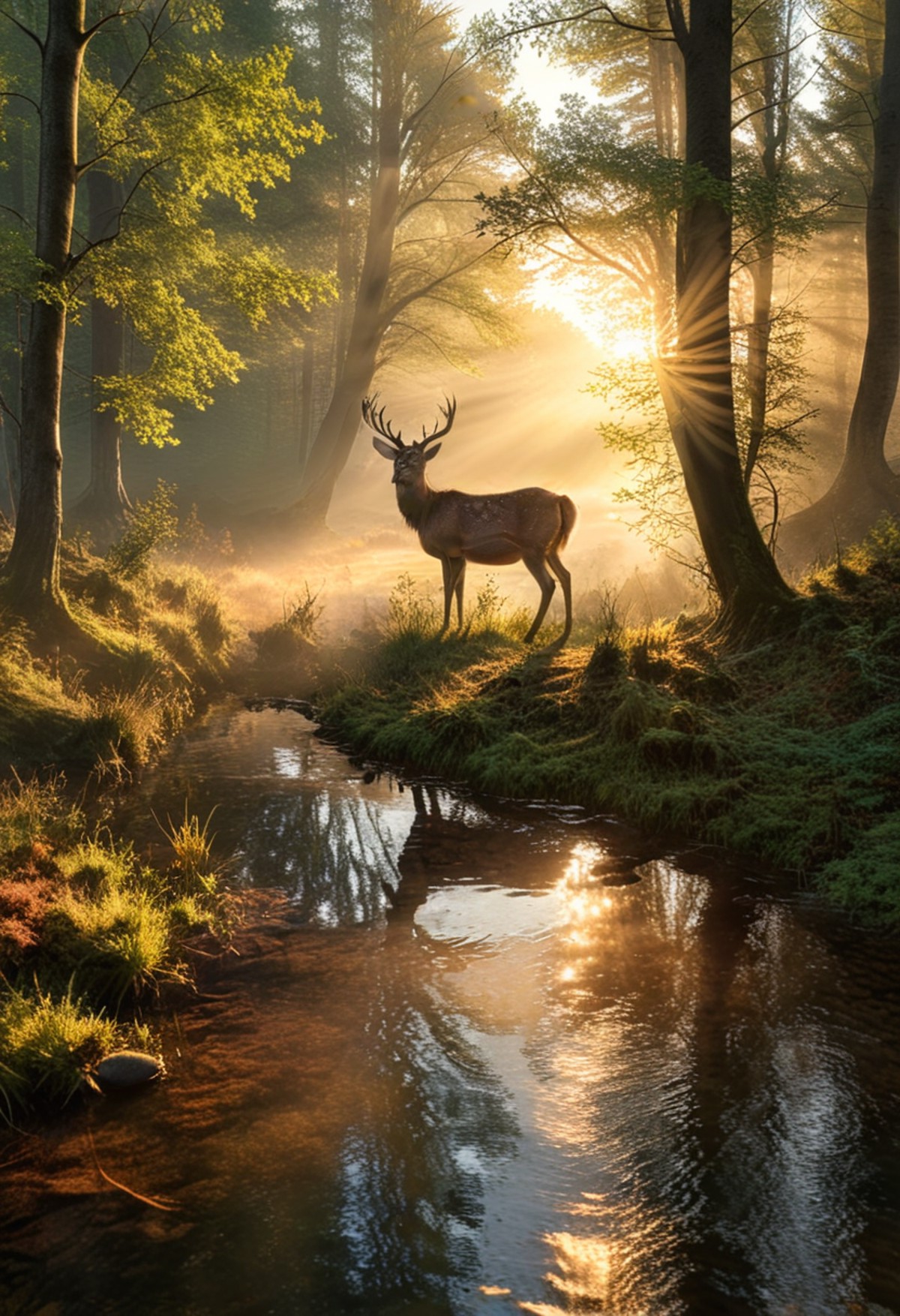 Photorealistic image of a serene forest at dawn, with the first rays of sunlight piercing through the mist and casting lon...